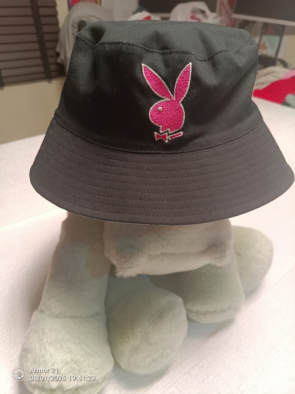 PLAYBOY Black Bucket Hat with Pink Bunny Logo